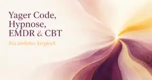 Abstrakte Grafik mit Violett und Gold – Vergleich von Yager Code, Hypnose, EMDR und CBT