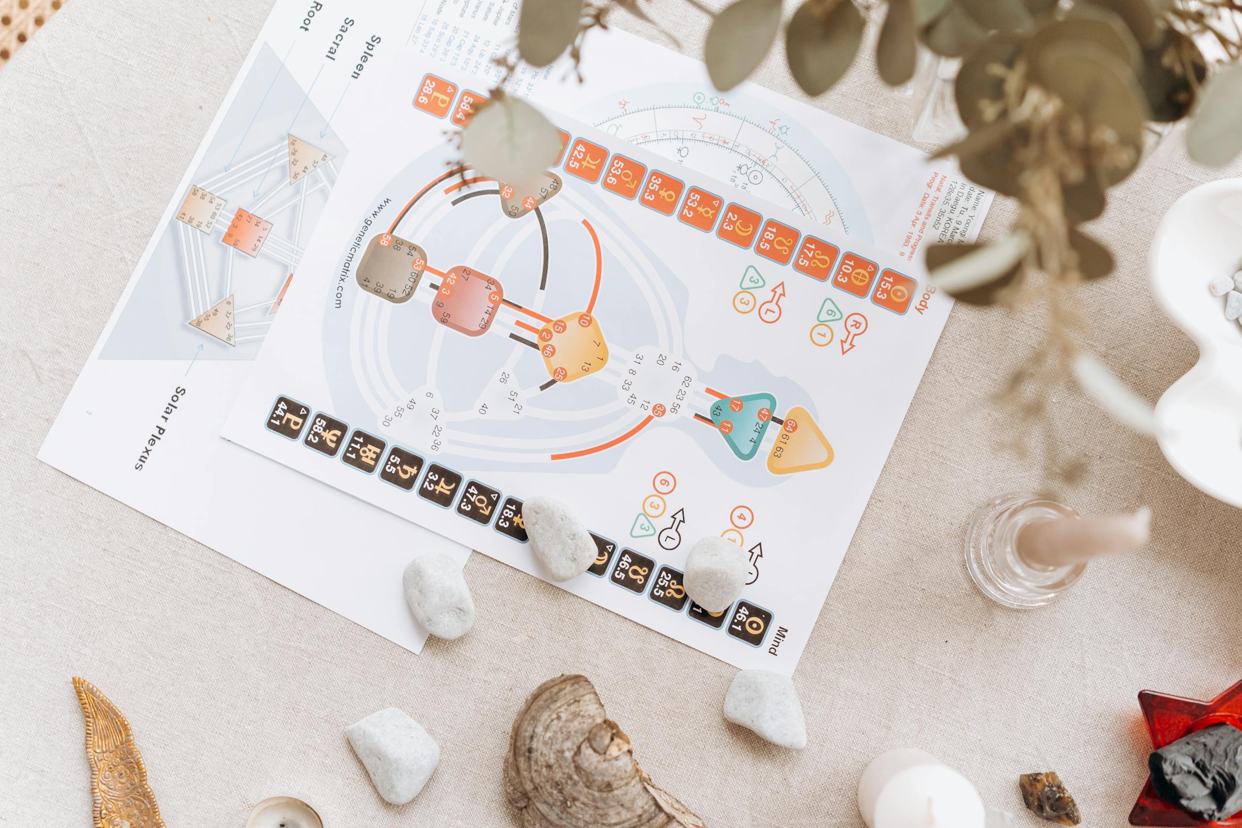 Über mich – Karen Wiltner Karen Wiltner A serene setup of spiritual diagrams and crystals on a beige surface, symbolizing holistic healing and balance.